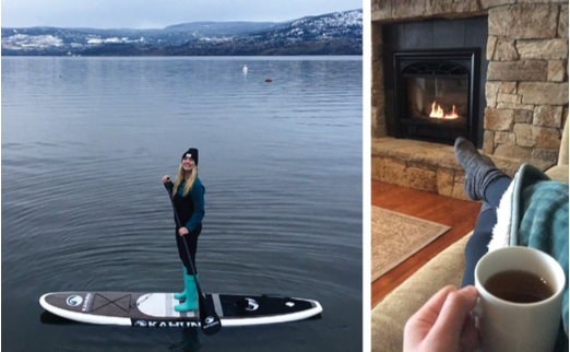 Be it paddle boarding in her rain boots, fireside tea, or a wide range of other activities, Angela Driscoll’s vacation at Destination M’s Kelowna property was consistently fabulous.